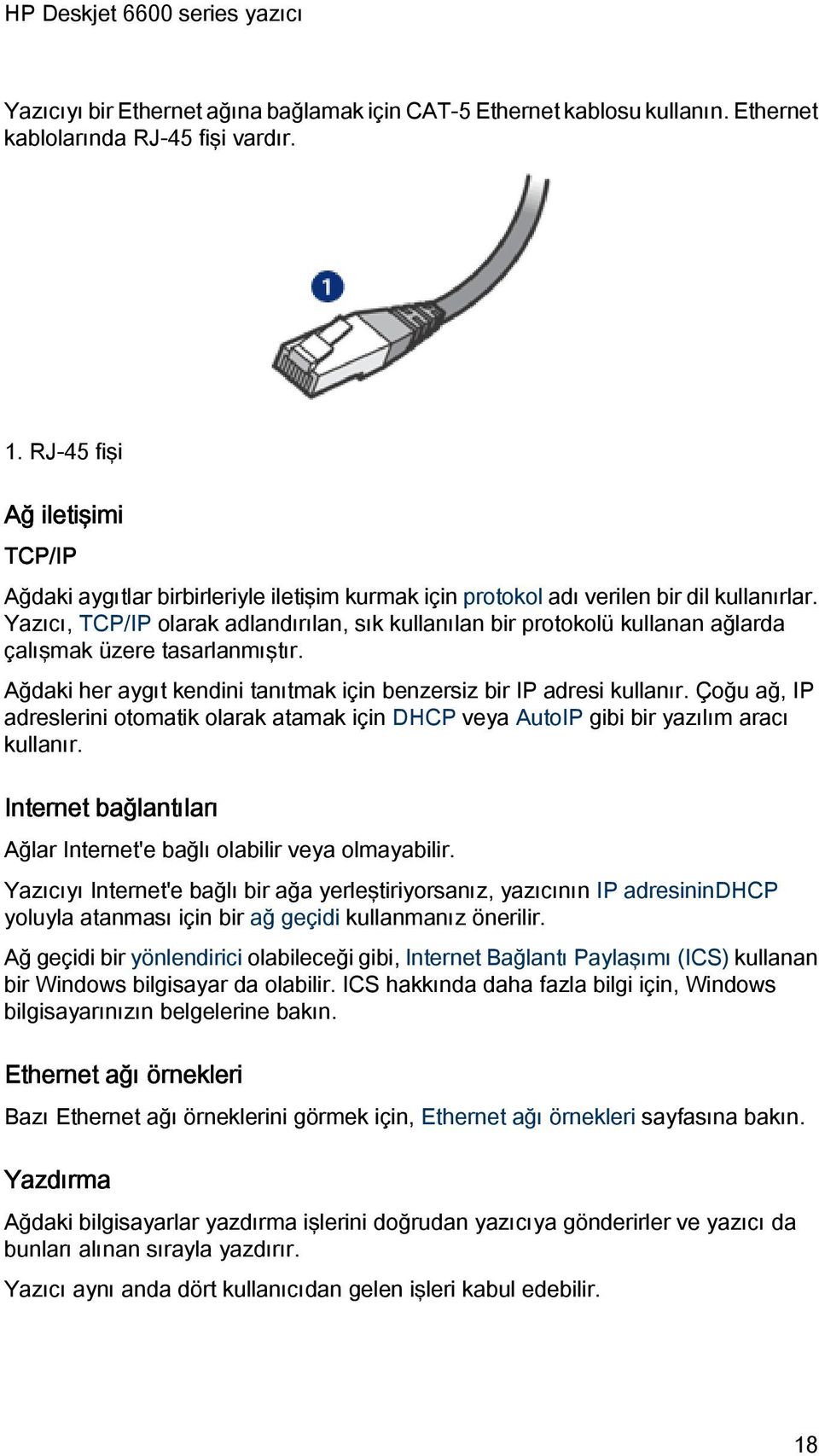 Yazıcı, TCP/IP olarak adlandırılan, sık kullanılan bir protokolü kullanan ağlarda çalışmak üzere tasarlanmıştır. Ağdaki her aygıt kendini tanıtmak için benzersiz bir IP adresi kullanır.