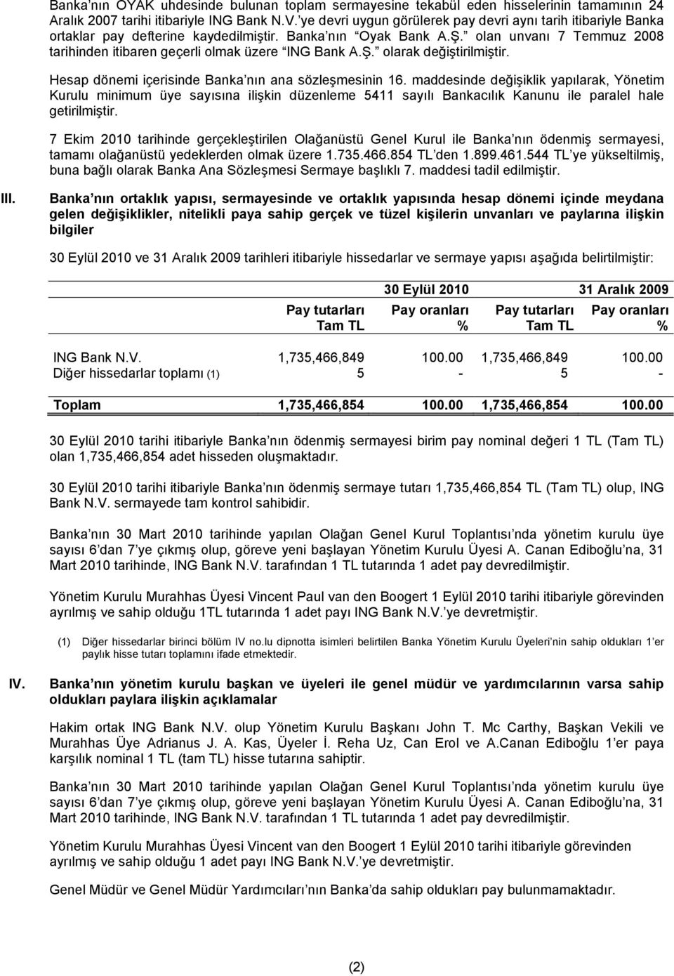 olan unvanı 7 Temmuz 2008 tarihinden itibaren geçerli olmak üzere ING Bank A.Ş. olarak değiştirilmiştir. Hesap i içerisinde Banka nın ana sözleşmesinin 16.