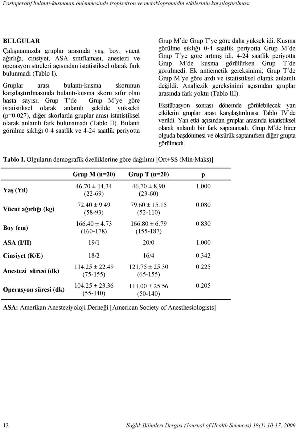 Gruplar arası bulantı-kusma skorunun karşılaştırılmasında bulantı-kusma skoru sıfır olan hasta sayısı; Grup T de Grup M ye göre istatistiksel olarak anlamlı şekilde yüksekti (p=0.