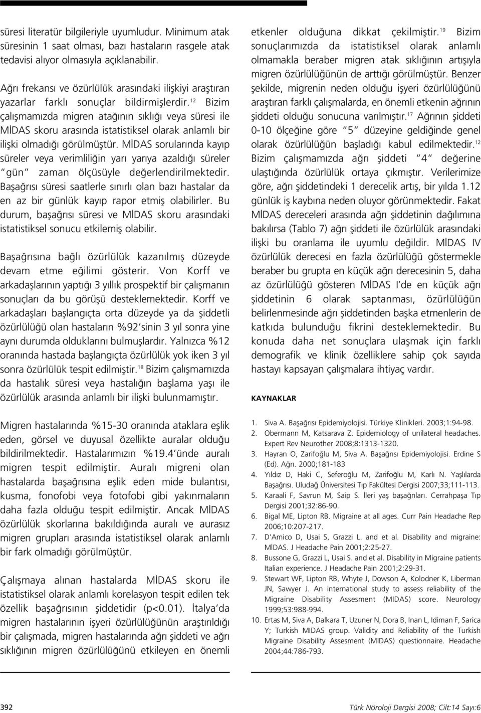 12 Bizim çal flmam zda migren ata n n s kl veya süresi ile M DAS skoru aras nda istatistiksel olarak anlaml bir iliflki olmad görülmüfltür.