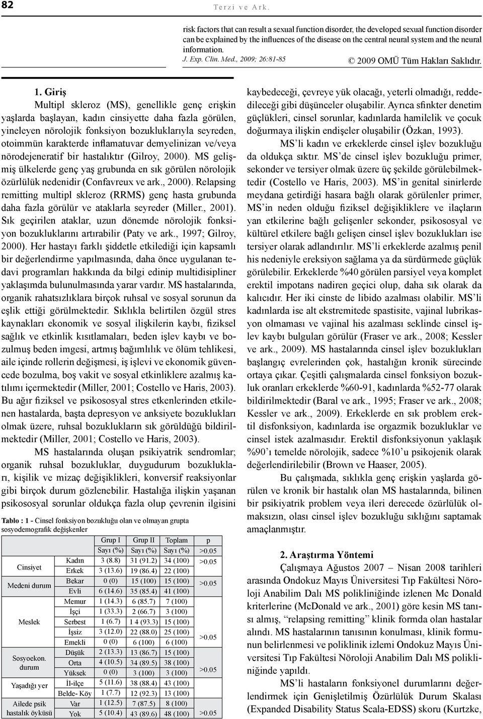 information. J. Exp. Clin. Med., 2009; 26:81-85 2009 OMÜ Tüm Hakları Saklıdır. 1.