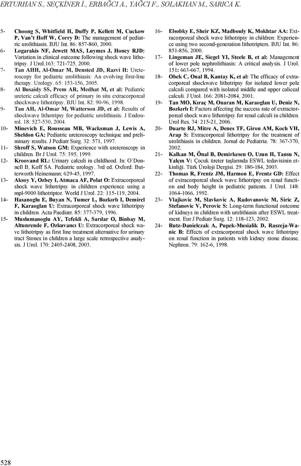 7- Tan AHH, Al-Omar M, Densted JD, Razvi H: Ureteroscopy for pediatric urolithiasis: An evolving first-line therapy. Urology. 65: 153-156, 2005.