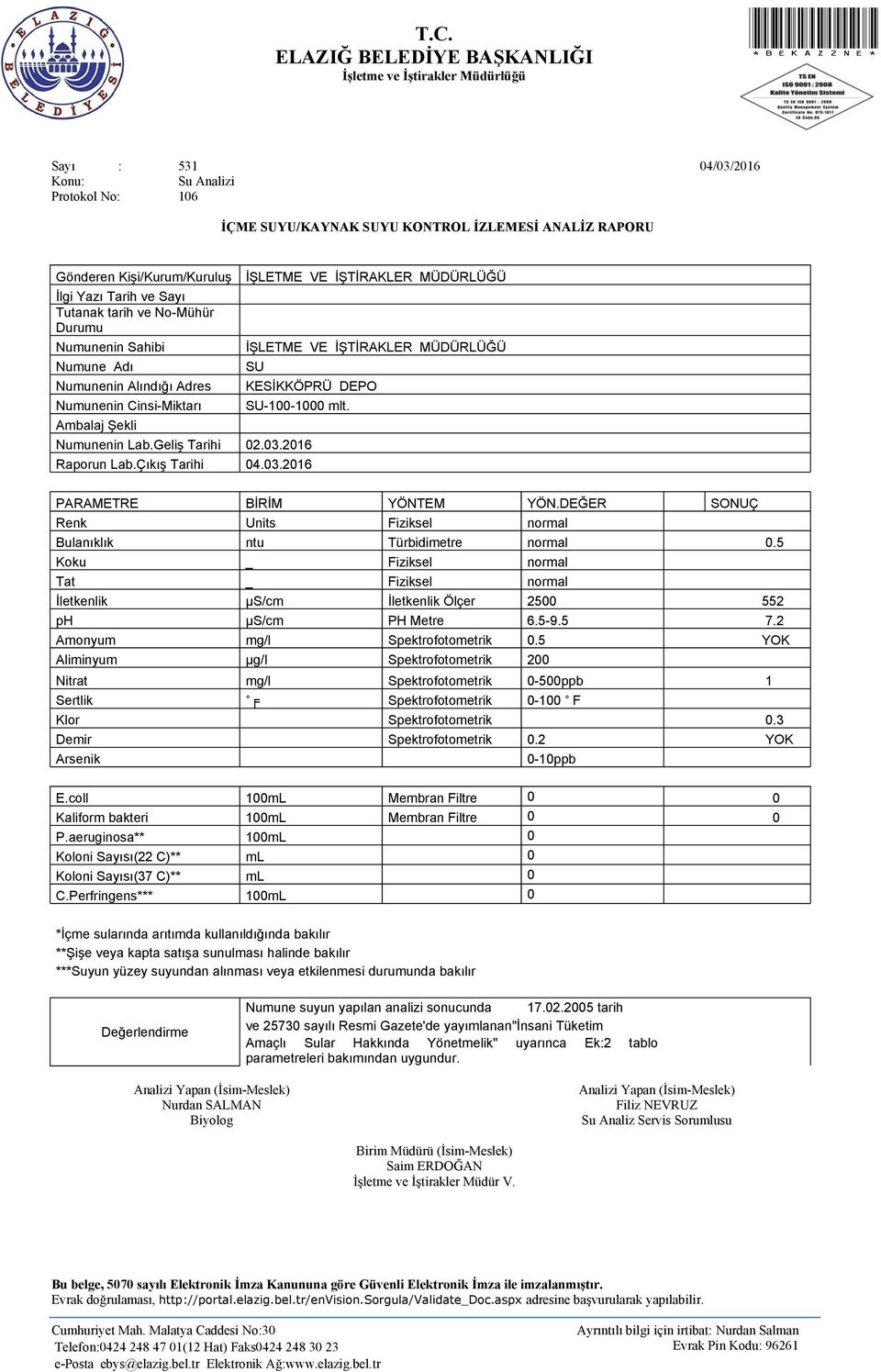 Bulanıklık ntu Türbidimetre normal 0.