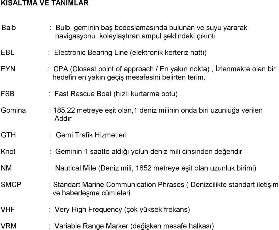 : Fast Rescue Boat (hızlı kurtarma botu) : 185,22 metreye eşit olan,1 deniz milinin onda biri uzunluğa verilen Addır : Gemi Trafik Hizmetleri : Geminin 1 saatte aldığı yolun deniz mili cinsinden