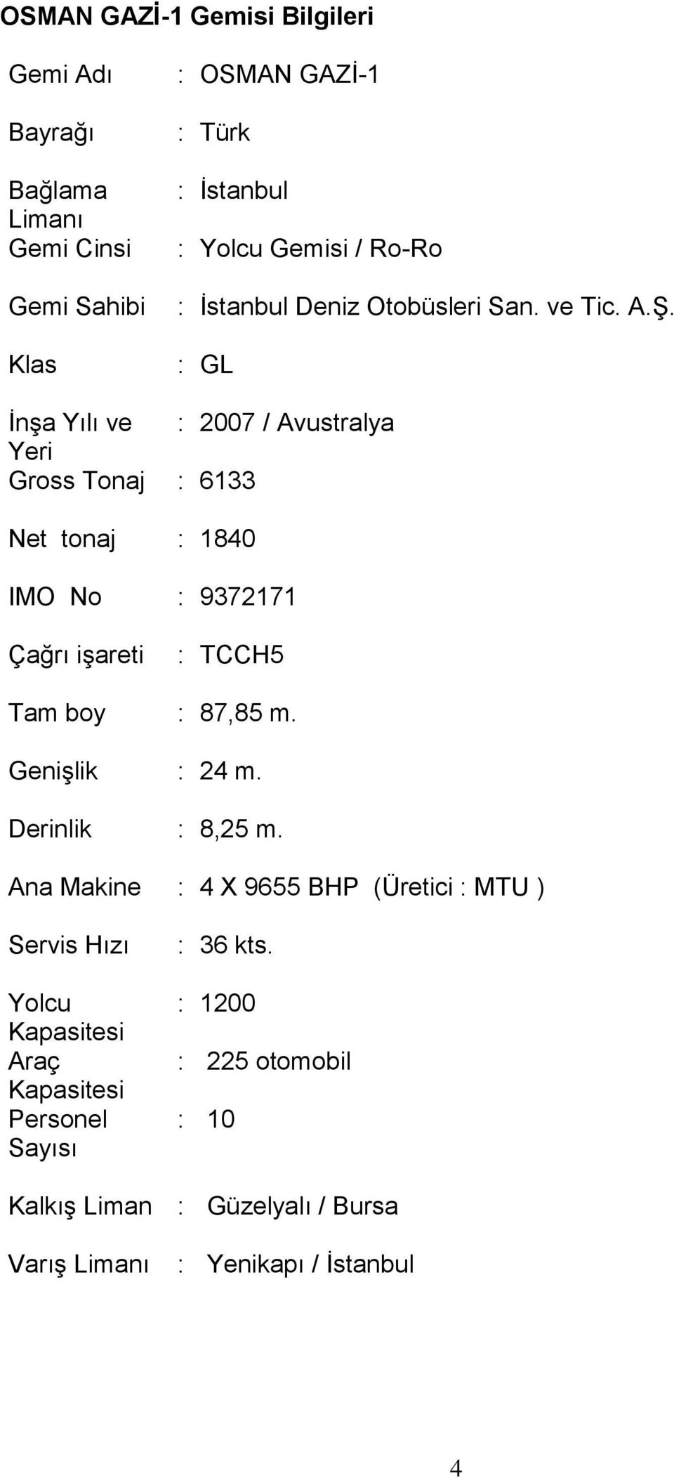 : GL İnşa Yılı ve : 2007 / Avustralya Yeri Gross Tonaj : 6133 Net tonaj : 1840 IMO No : 9372171 Çağrı işareti : TCCH5 Tam boy : 87,85 m.