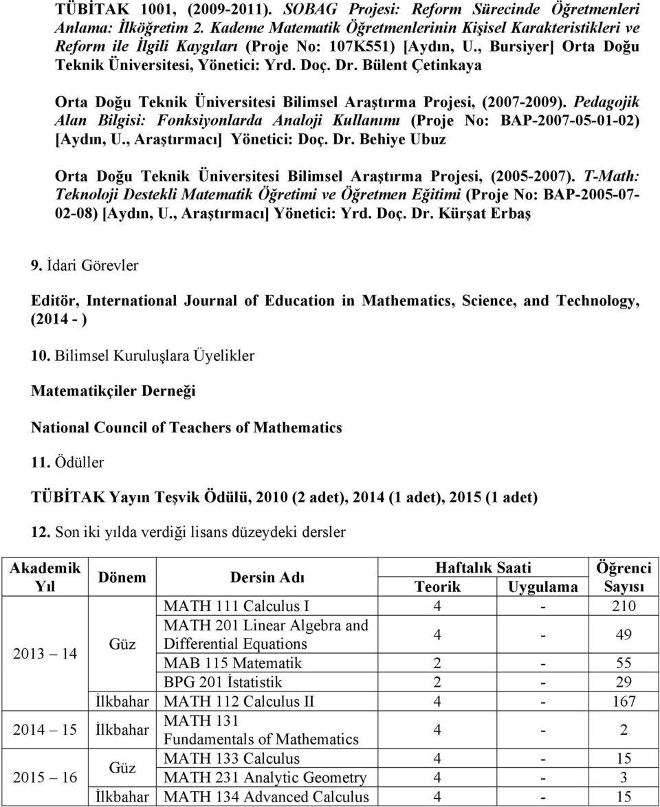 Bülent Çetinkaya Orta Doğu Teknik Bilimsel Araştırma Projesi, (2007-2009). Pedagojik Alan Bilgisi: Fonksiyonlarda Analoji Kullanımı (Proje No: BAP-2007-05-01-02) [Aydın, U.