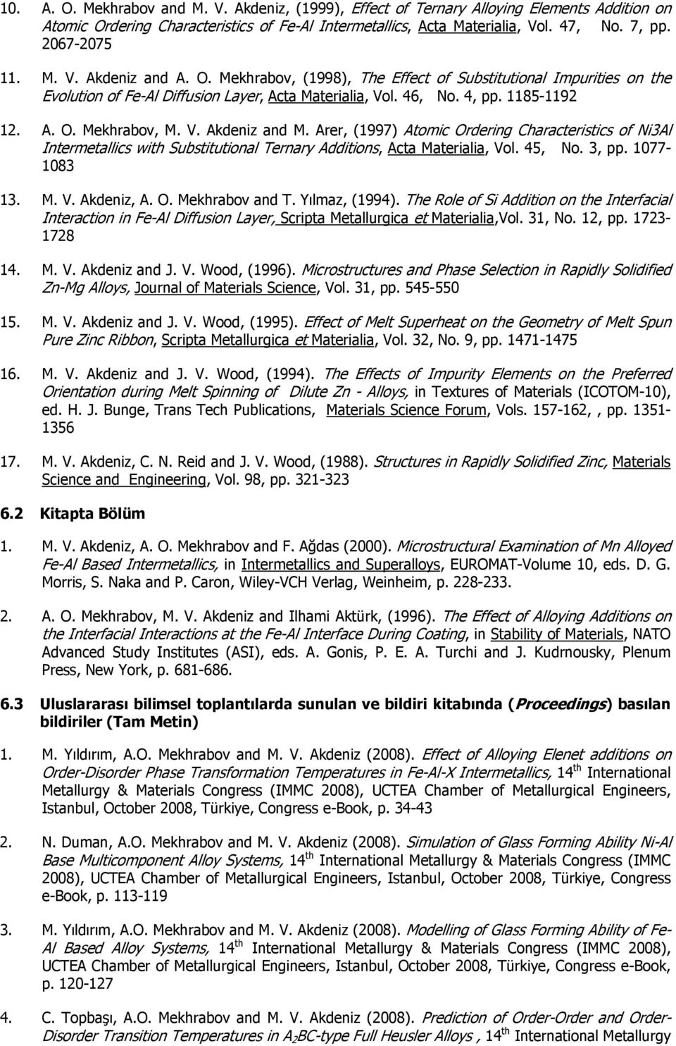 V. Akdeniz and M. Arer, (1997) Atomic Ordering Characteristics of Ni3Al Intermetallics with Substitutional Ternary Additions, Acta Materialia, Vol. 45, No. 3, pp. 1077-1083 13. M. V. Akdeniz, A. O. Mekhrabov and T.