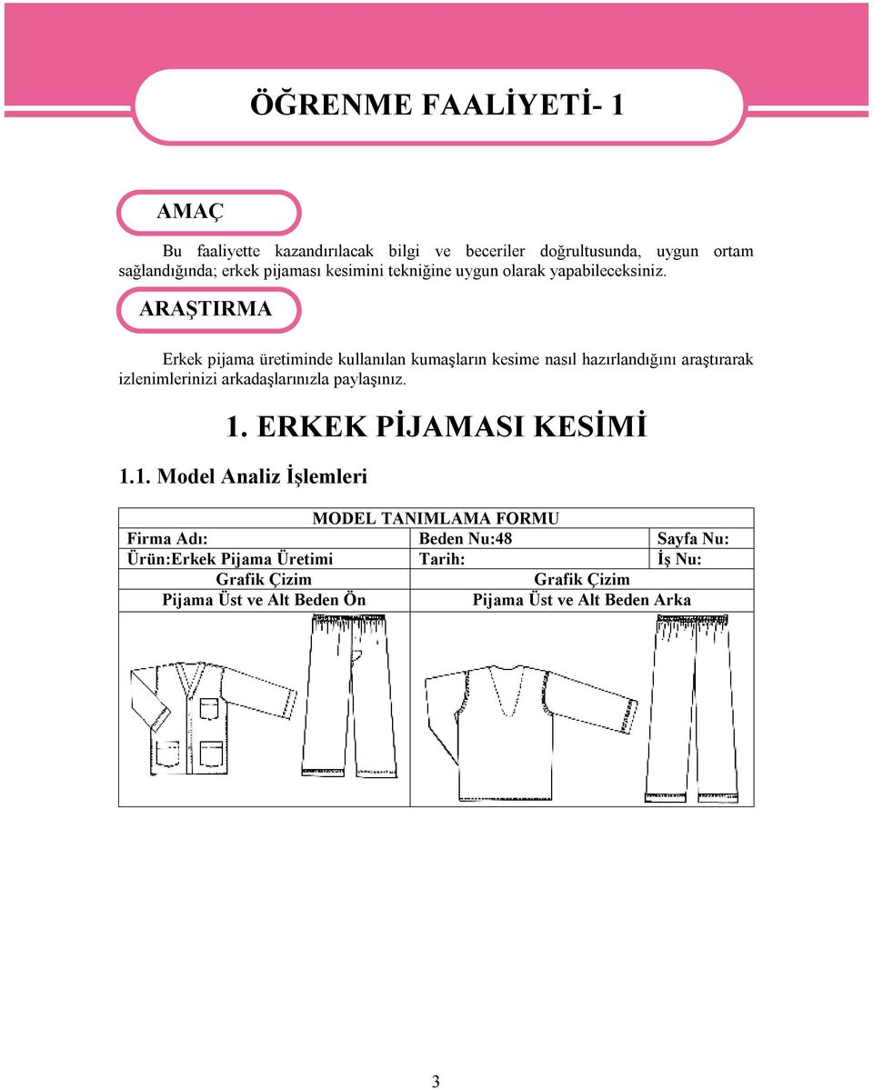 ARAŞTIRMA Erkek pijama üretiminde kullanılan kumaşların kesime nasıl hazırlandığını araştırarak izlenimlerinizi arkadaşlarınızla paylaşınız. 1.