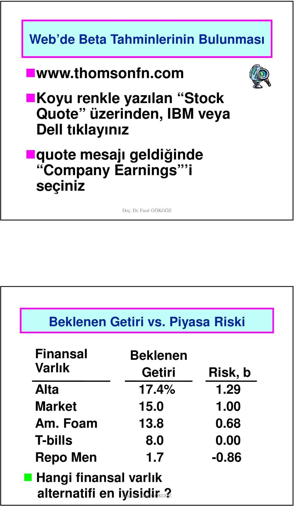 Company Earnings i seçiniz Beklenen Getiri vs.