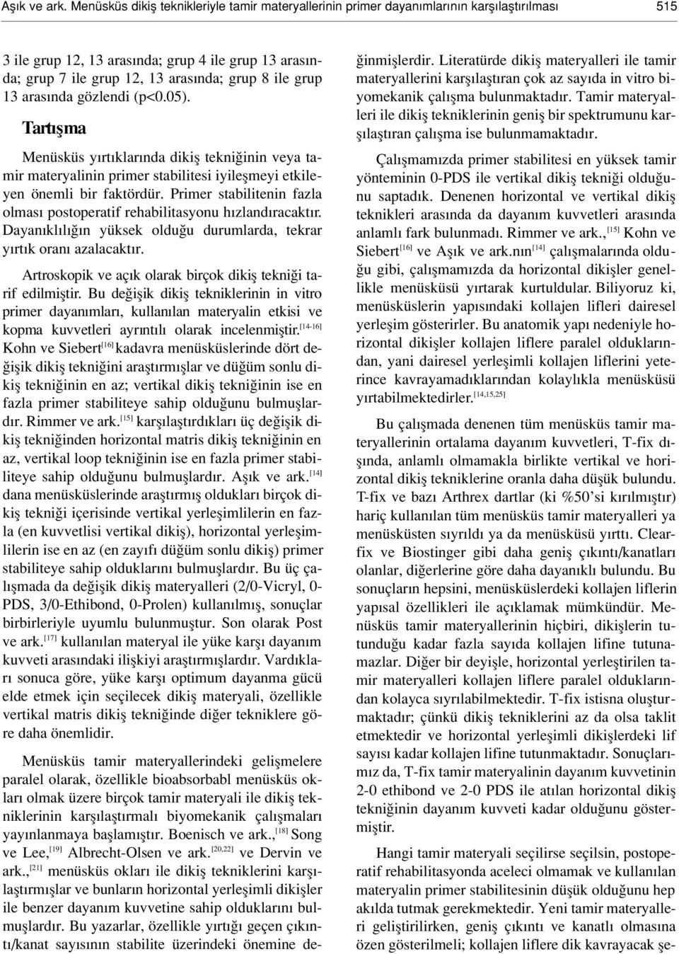 grup 13 aras nda gözlendi (p<0.05). Tart flma Menüsküs y rt klar nda dikifl tekni inin veya tamir materyalinin primer stabilitesi iyileflmeyi etkileyen önemli bir faktördür.