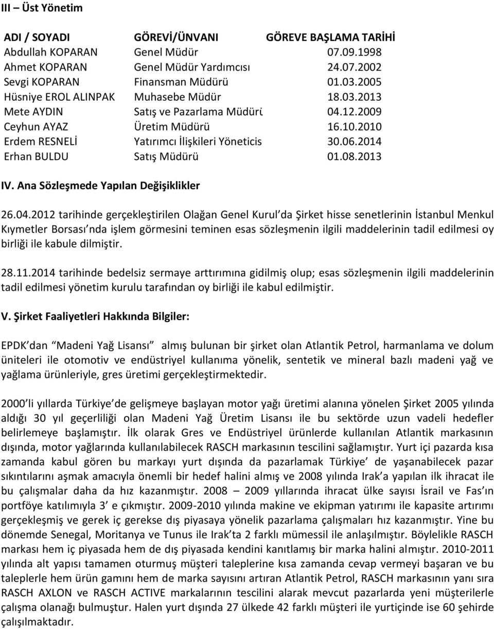 2014 Erhan BULDU Satış Müdürü 01.08.2013 IV. Ana Sözleşmede Yapılan Değişiklikler 26.04.