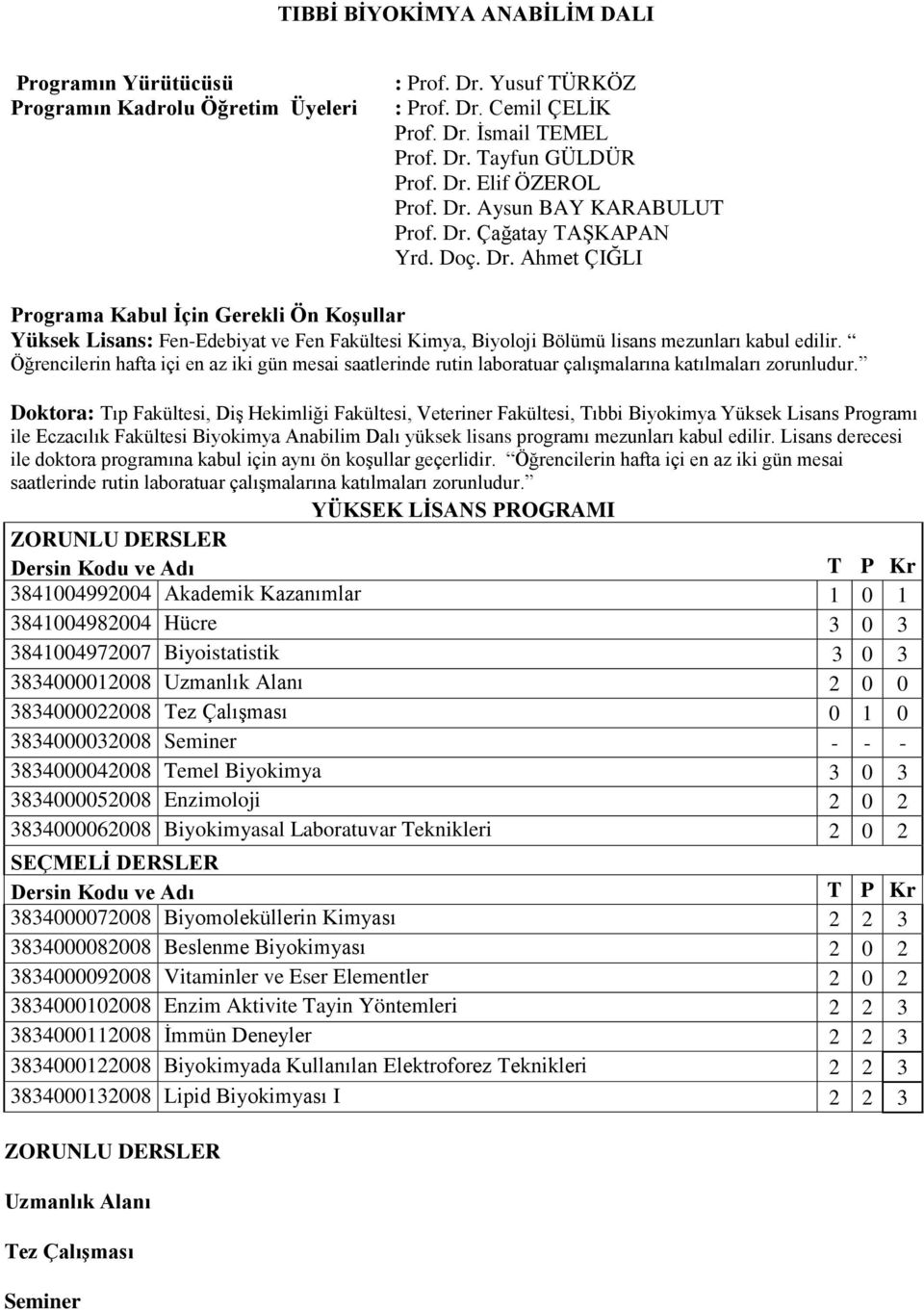 Öğrencilerin hafta içi en az iki gün mesai saatlerinde rutin laboratuar çalışmalarına katılmaları zorunludur.