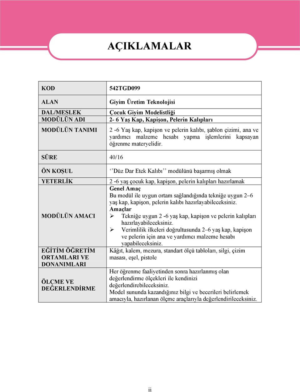 SÜRE 40/16 ÖN KOŞUL YETERLİK MODÜLÜN AMACI EĞİTİM ÖĞRETİM ORTAMLARI VE DONANIMLARI ÖLÇME VE DEĞERLENDİRME Düz Dar Etek Kalıbı modülünü başarmış olmak 2-6 yaş çocuk kap, kapişon, pelerin kalıpları