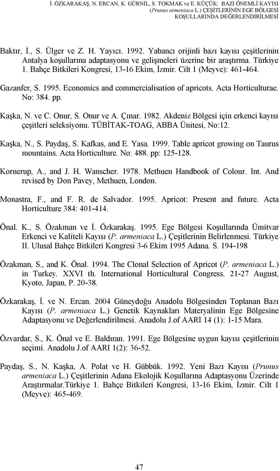 Gazanfer, S. 199. Economics and commercialisation of apricots. Acta Horticulturae. No: 384. pp. Kaşka, N. ve C. Onur, S. Onur ve A. Çınar. 1982.