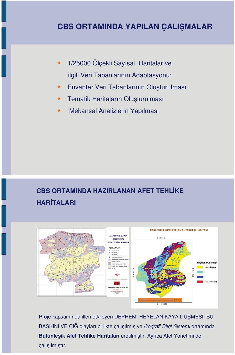 TEHLİKE HARİTALARI Proje kapsamında illeri etkileyen DEPREM, HEYELAN,KAYA DÜŞMESİ, SU BASKINI VE ÇIĞ olayları birlikte