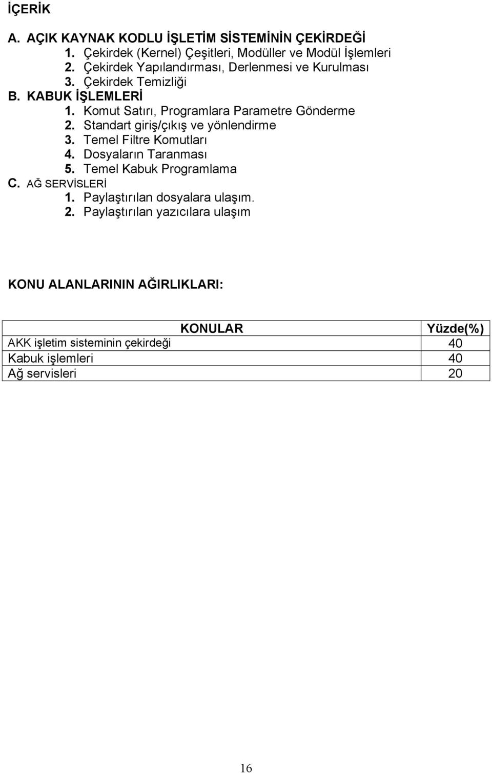 Standart giriş/çıkış ve yönlendirme 3. Temel Filtre Komutları 4. Dosyaların Taranması 5. Temel Kabuk Programlama C. AĞ SERVİSLERİ 1.