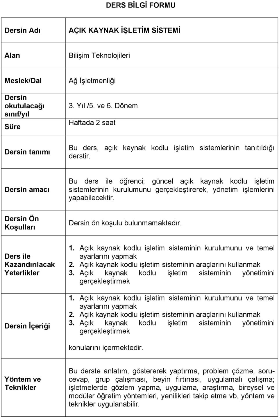 Dersin amacı Bu ders ile öğrenci; güncel açık kaynak kodlu işletim sistemlerinin kurulumunu gerçekleştirerek, yönetim işlemlerini yapabilecektir. Dersin Ön Koşulları Dersin ön koşulu bulunmamaktadır.