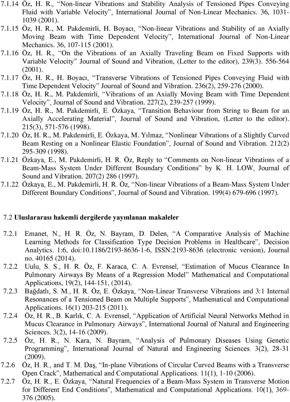 R., On the Vibrations of an Axially Traveling Beam on Fixed Supports with Variable Velocity Journal of Sound and Vibration, (Letter to the editor), 239(3). 556-564 (2001). 7.1.17 Öz, H.