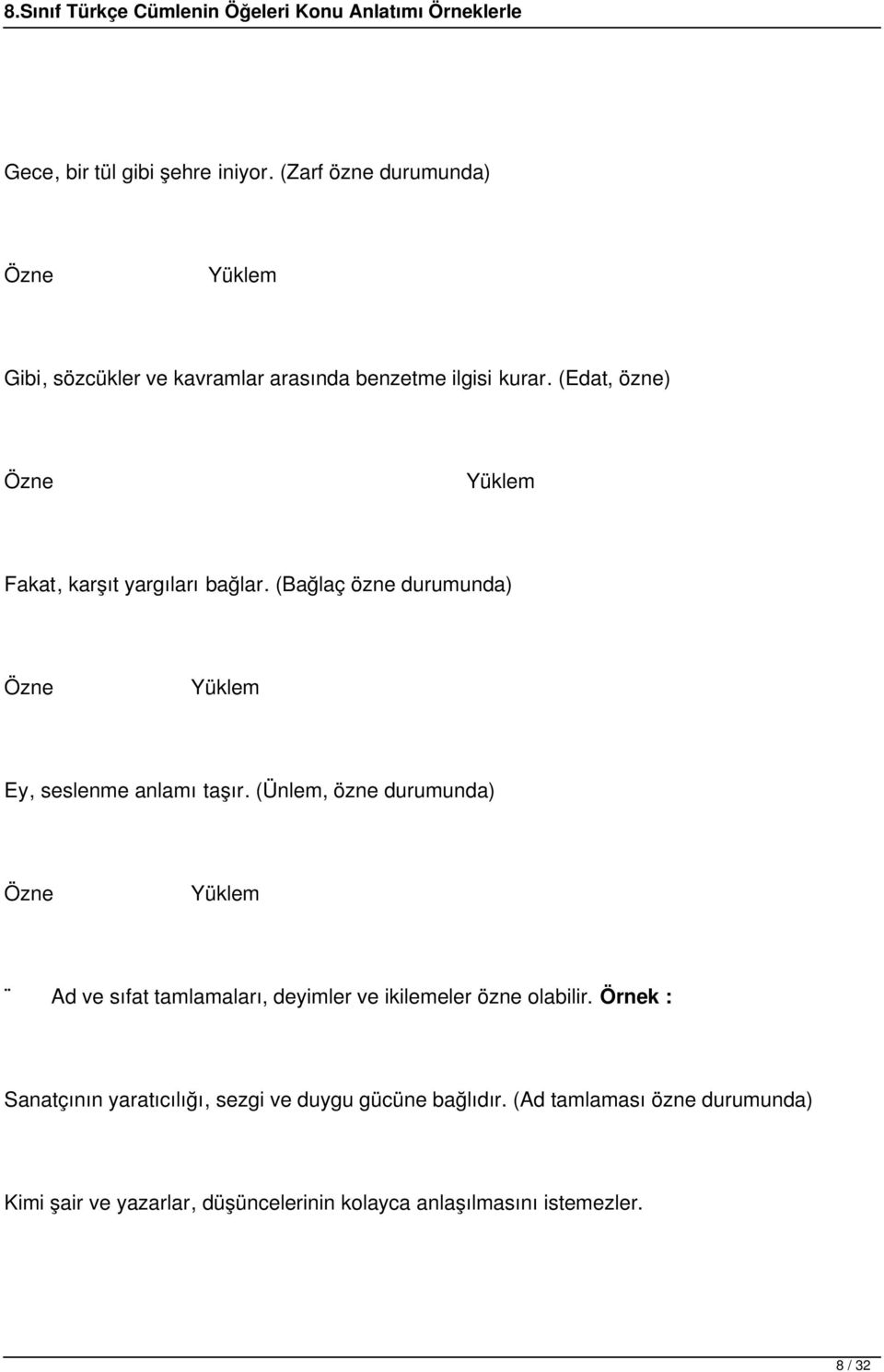 (Ünlem, özne durumunda) Özne Ad ve sıfat tamlamaları, deyimler ve ikilemeler özne olabilir.