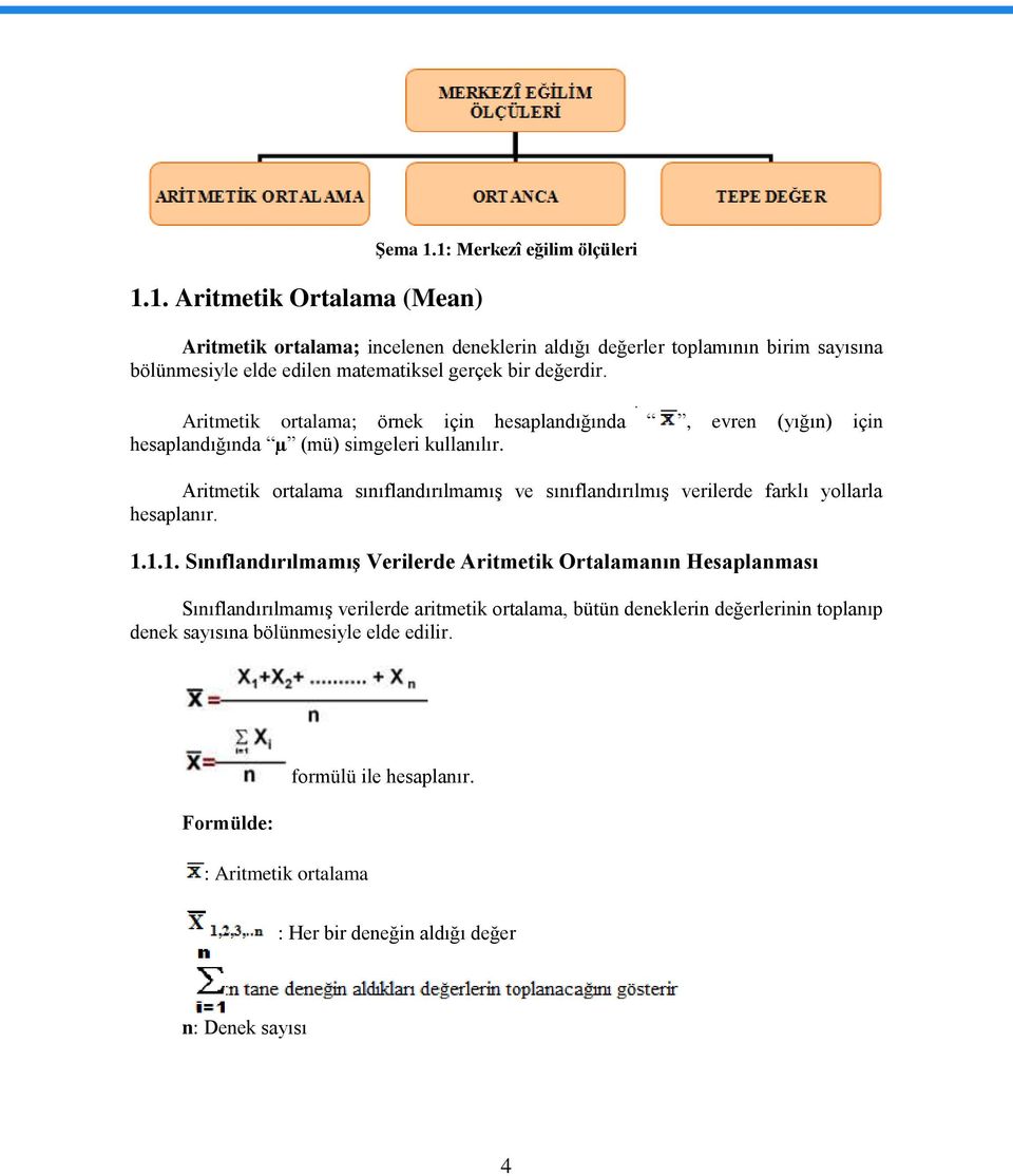 Aritmetik ortalama; örnek için hesaplandığında, evren (yığın) için hesaplandığında µ (mü) simgeleri kullanılır.