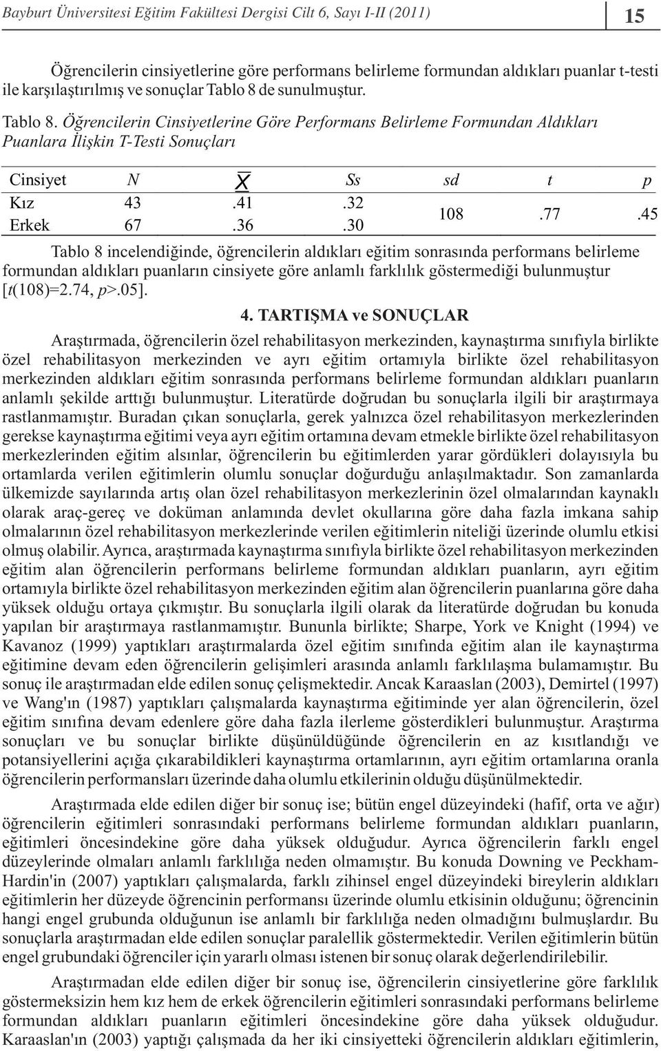 30 Tablo 8 incelendiğinde, öğrencilerin aldıkları eğitim sonrasında performans belirleme formundan aldıkları puanların cinsiyete göre anlamlı farklılık göstermediği bulunmuştur [t(108)=2.74, p>.05].