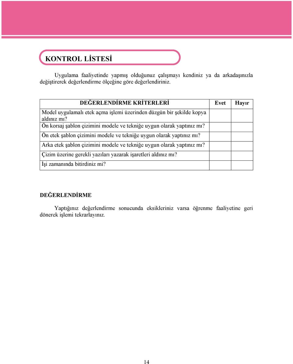 Ön korsaj şablon çizimini modele ve tekniğe uygun olarak yaptınız mı? Ön etek şablon çizimini modele ve tekniğe uygun olarak yaptınız mı?