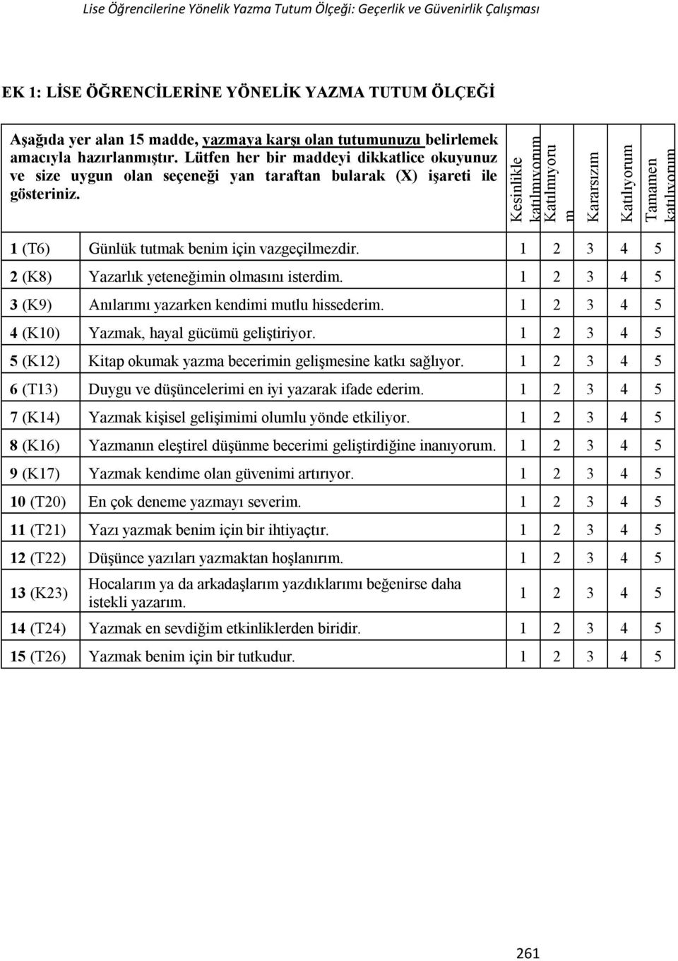 Kesinlikle katılmıyorum Katılmıyoru m Kararsızım Katılıyorum Tamamen katılıyorum 1 (T6) Günlük tutmak benim için vazgeçilmezdir. 1 2 3 4 5 2 (K8) Yazarlık yeteneğimin olmasını isterdim.