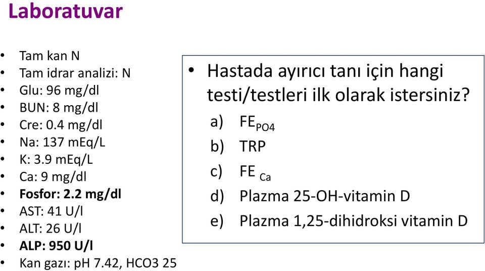 2 mg/dl AST: 41 U/l ALT: 26 U/l ALP: 950 U/l Kan gazı: ph 7.