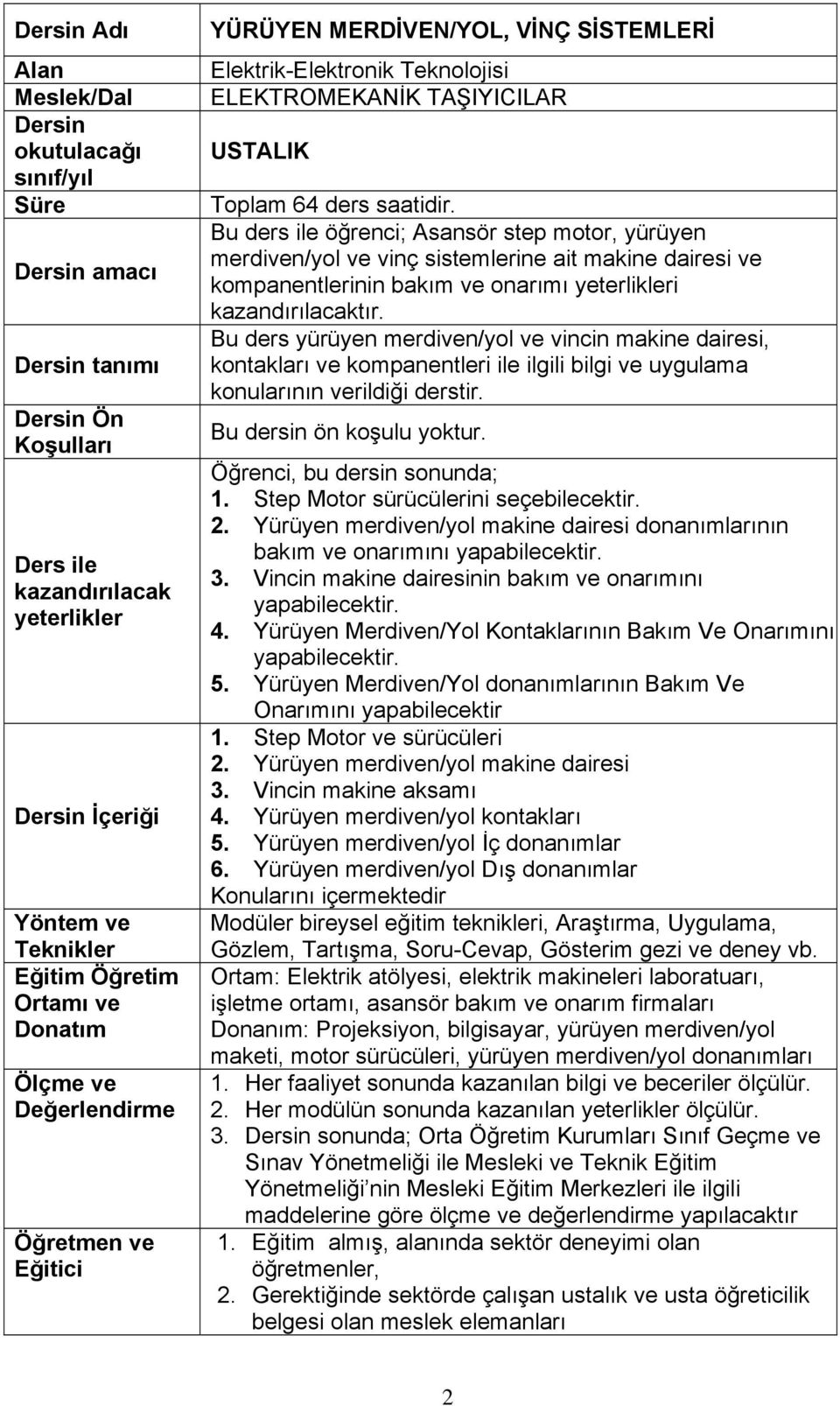 Bu ders ile öğrenci; Asansör step motor, yürüyen merdiven/yol ve vinç sistemlerine ait makine dairesi ve kompanentlerinin bakım ve onarımı yeterlikleri kazandırılacaktır.