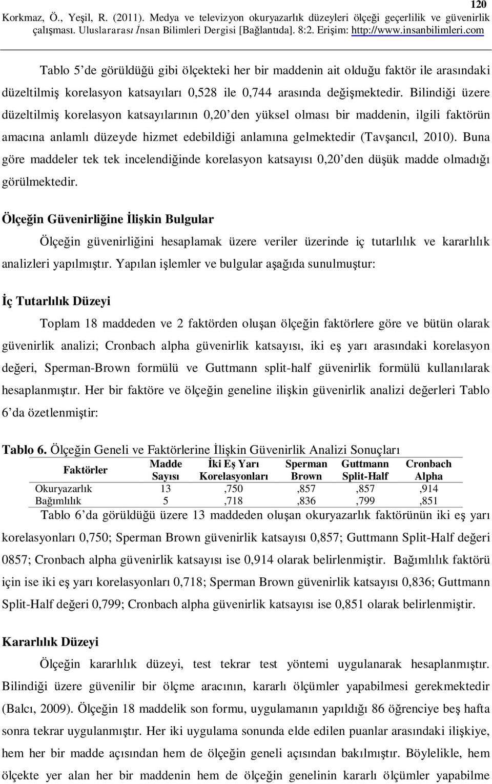 Buna göre maddeler tek tek incelendiğinde korelasyon katsayısı 0,20 den düşük madde olmadığı görülmektedir.