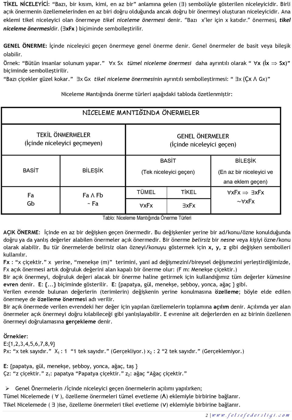 Bazı x ler için x katıdır. önermesi, tikel niceleme önermesidir. ( xfx ) biçiminde sembolleştirilir. GENEL ÖNERME: İçinde niceleyici geçen önermeye genel önerme denir.