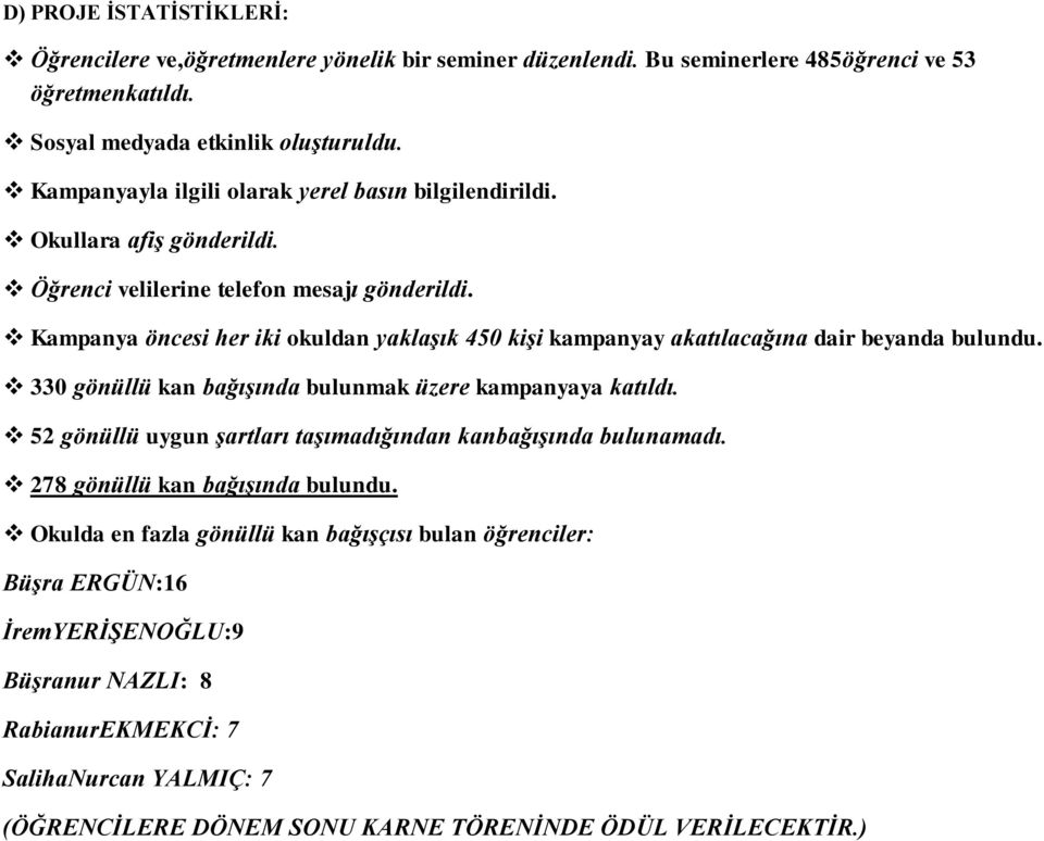 Kampanya öncesi her iki okuldan yaklaşık 450 kişi kampanyay akatılacağına dair beyanda bulundu. 330 gönüllü kan bağışında bulunmak üzere kampanyaya katıldı.