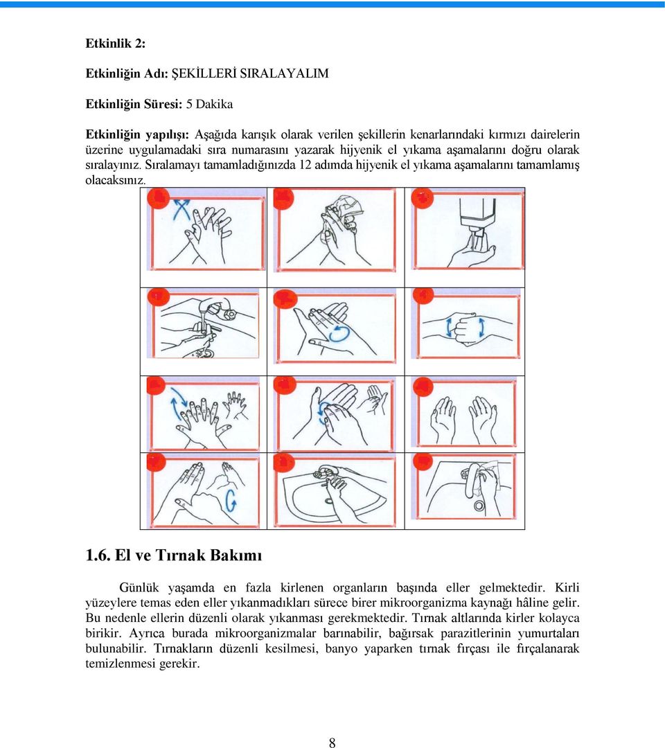 El ve Tırnak Bakımı Günlük yaşamda en fazla kirlenen organların başında eller gelmektedir. Kirli yüzeylere temas eden eller yıkanmadıkları sürece birer mikroorganizma kaynağı hâline gelir.