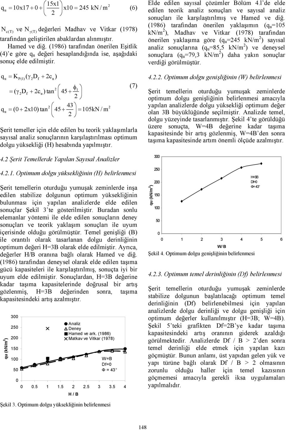 qu = K P() ( γ Df + c u) φ = ( γ Df + c u) tan 45 + 43 q u = ( + x) tan 45 + = 5kN / m (7) Şerit temeller için elde edilen bu teorik yaklaşımlarla sayısal analiz sonuçlarının karşılaştırılması