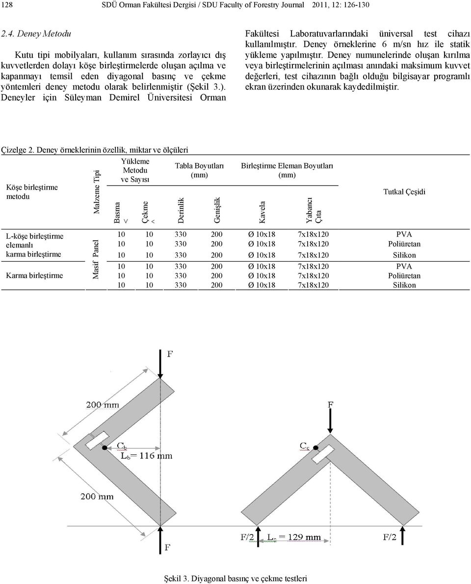 olarak belirlenmiştir (Şekil 3.). Deneyler için Süleyman Demirel Üniversitesi Orman Fakültesi Laboratuvarlarındaki üniversal test cihazı kullanılmıştır.