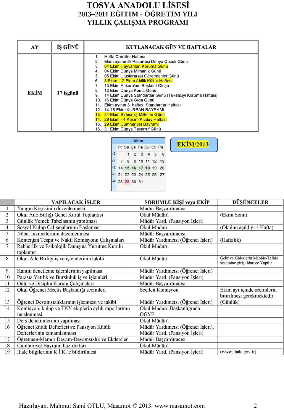 Ekim ayının 3. haftası Standartlar Haftası 12. 14-18 Ekim KURBAN BAYRAMI 13. 24 Ekim Birleşmiş Milletler Günü 14. 29 Ekim - 4 Kasım Kızılay Haftası 15. 29 Ekim Cumhuriyet Bayramı 16.