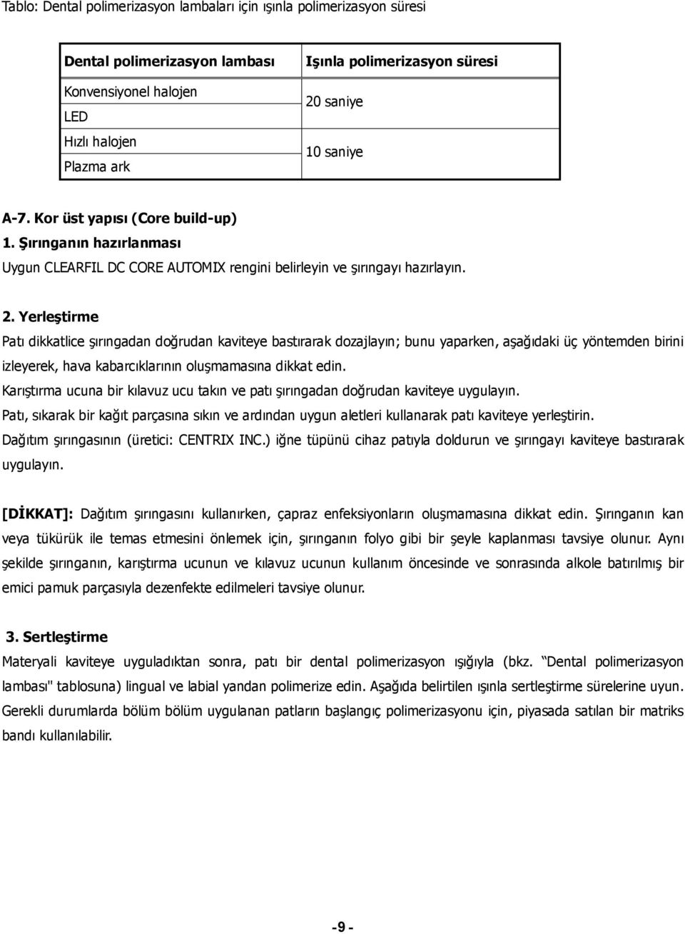 Yerleştirme Patı dikkatlice şırıngadan doğrudan kaviteye bastırarak dozajlayın; bunu yaparken, aşağıdaki üç yöntemden birini izleyerek, hava kabarcıklarının oluşmamasına dikkat edin.