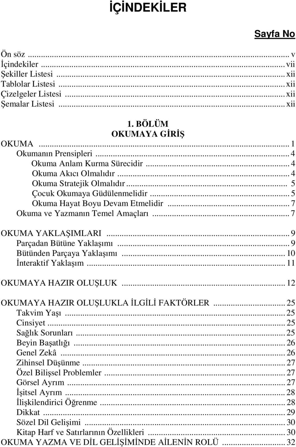 .. 7 OKUMA YAKLA IMLARI... 9 Parçadan Bütüne Yakla ımı... 9 Bütünden Parçaya Yakla ımı... 10 nteraktif Yakla ım... 11 OKUMAYA HAZIR OLU LUK... 12 OKUMAYA HAZIR OLU LUKLA LG L FAKTÖRLER.