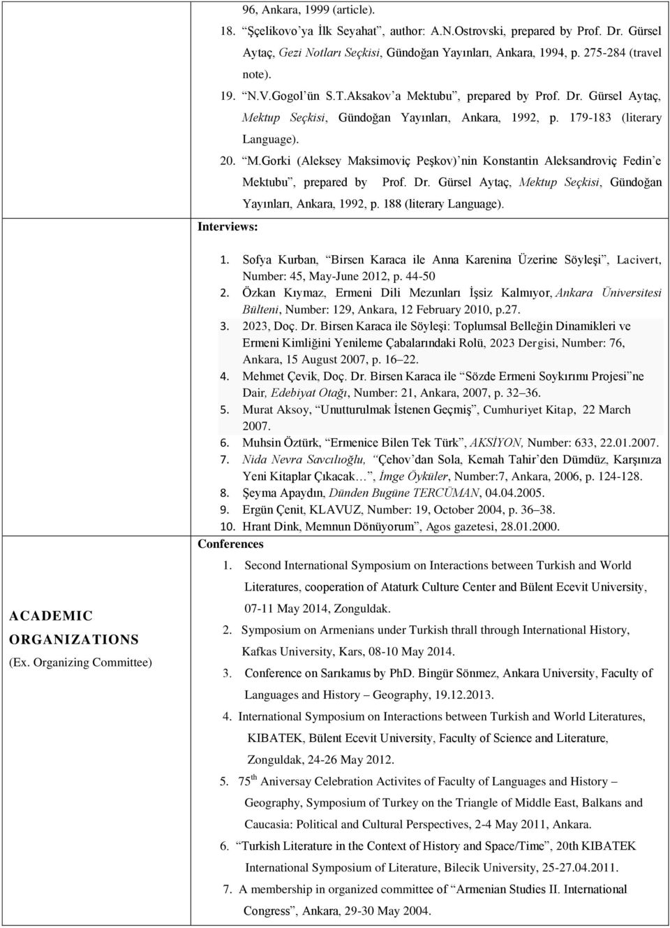 Dr. Gürsel Aytaç, Mektup Seçkisi, Gündoğan Yayınları, Ankara, 1992, p. 188 (literary Language). Interviews: ACADEMIC ORGANIZATIONS (Ex. Organizing Committee) 1.