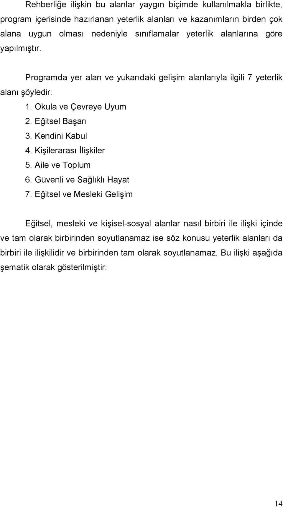 Kendini Kabul 4. Kişilerarası İlişkiler 5. Aile ve Toplum 6. Güvenli ve Sağlıklı Hayat 7.