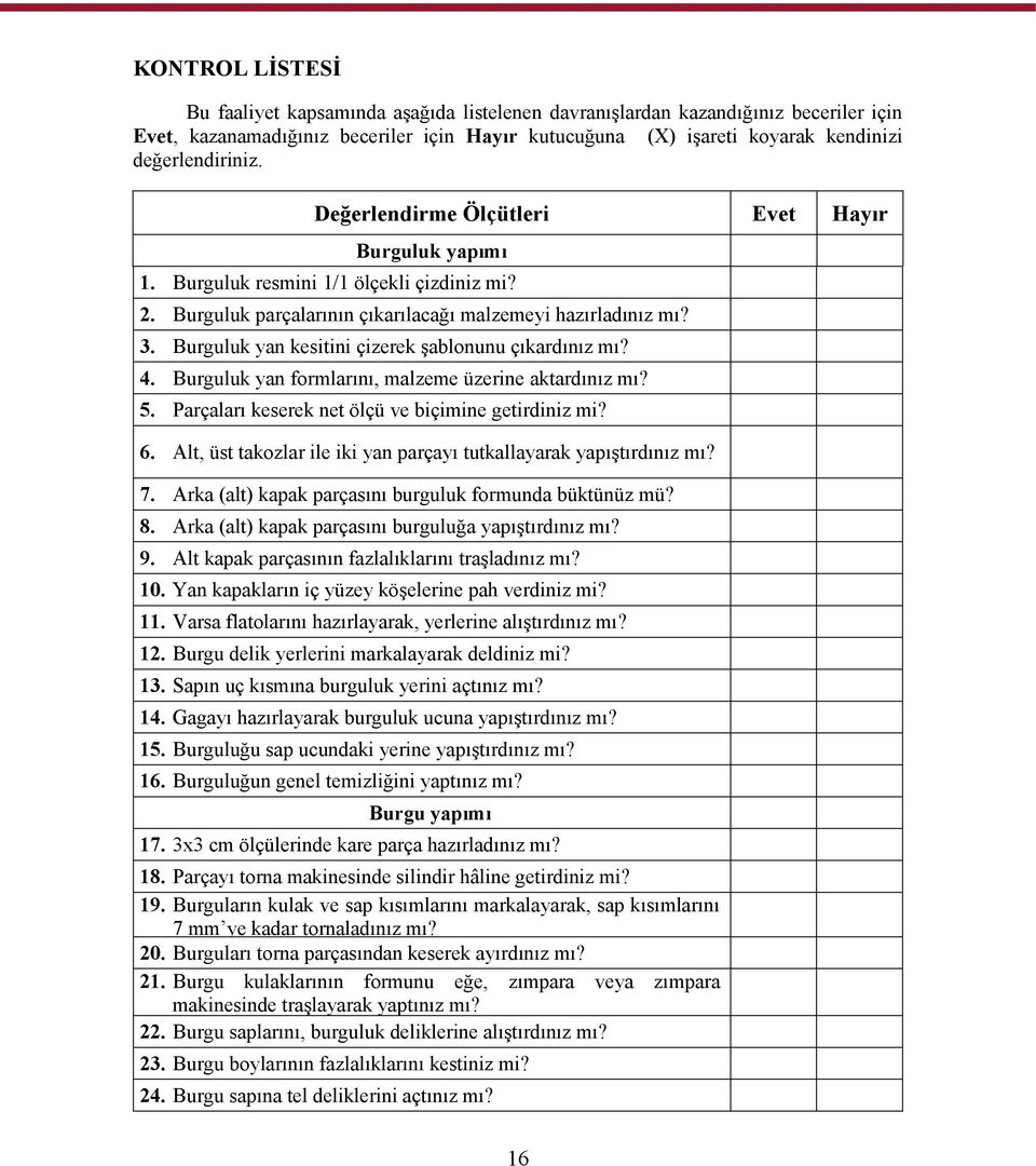 Burguluk yan kesitini çizerek şablonunu çıkardınız mı? 4. Burguluk yan formlarını, malzeme üzerine aktardınız mı? 5. Parçaları keserek net ölçü ve biçimine getirdiniz mi? 6.