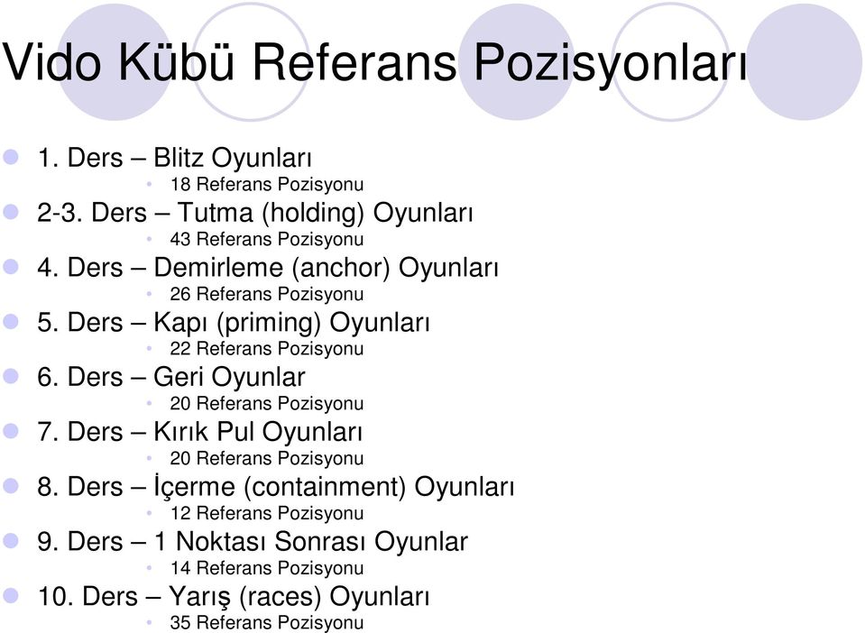 Ders Kapı (priming) Oyunları 22 Referans Pozisyonu 6. Ders Geri Oyunlar 20 Referans Pozisyonu 7.