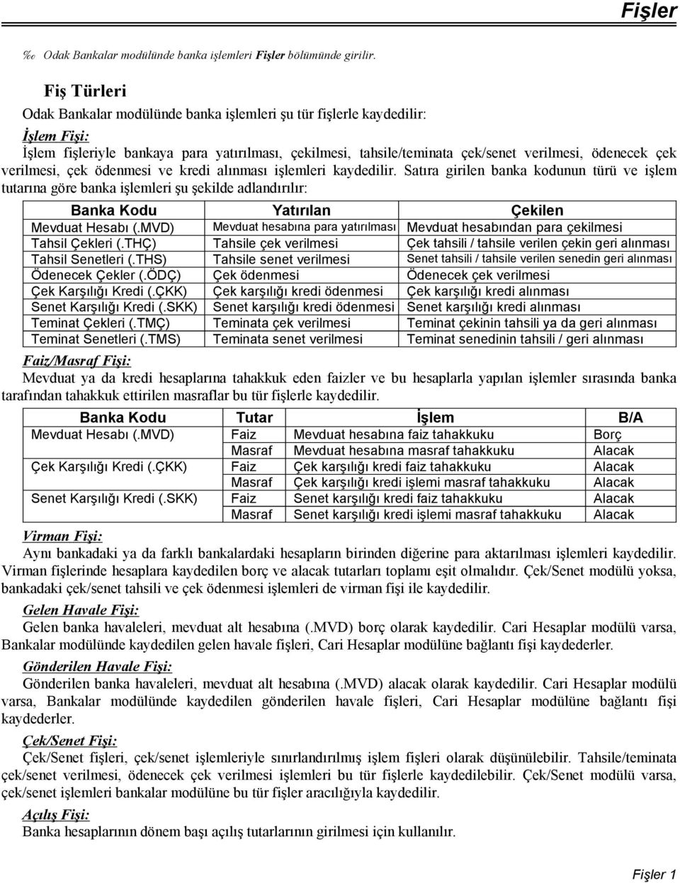 verilmesi, çek ödenmesi ve kredi alınması işlemleri kaydedilir. Satıra girilen banka kodunun türü ve işlem tutarına göre banka işlemleri şu şekilde adlandırılır: Banka Kodu Mevduat Hesabı (.