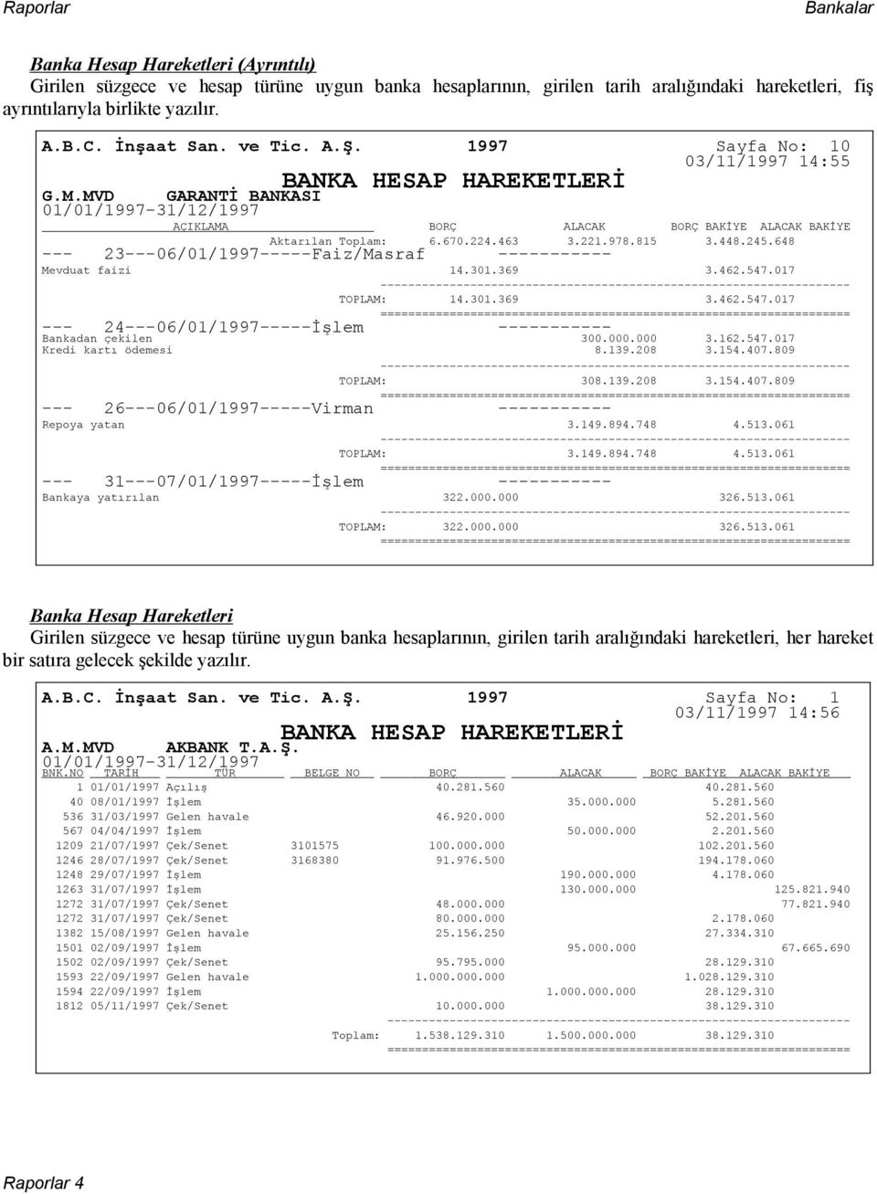 MVD GARANTİ BANKASI 01/01/1997-31/12/1997 AÇIKLAMA BORÇ ALACAK BORÇ BAKİYE ALACAK BAKİYE --- Aktarılan Toplam: 6.670.224.463 3.221.978.815 3.448.245.