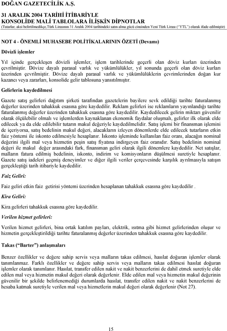 Dövize dayalı parasal varlık ve yükümlülüklerin çevrimlerinden doğan kur kazancı veya zararları, konsolide gelir tablosuna yansıtılmıştır.