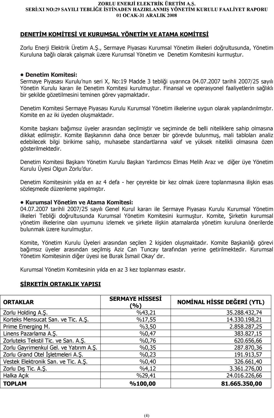 Denetim Komitesi: Sermaye Piyasası Kurulu nun seri X, No:19 Madde 3 tebliği uyarınca 04.07.2007 tarihli 2007/25 sayılı Yönetin Kurulu kararı ile Denetim Komitesi kurulmuştur.