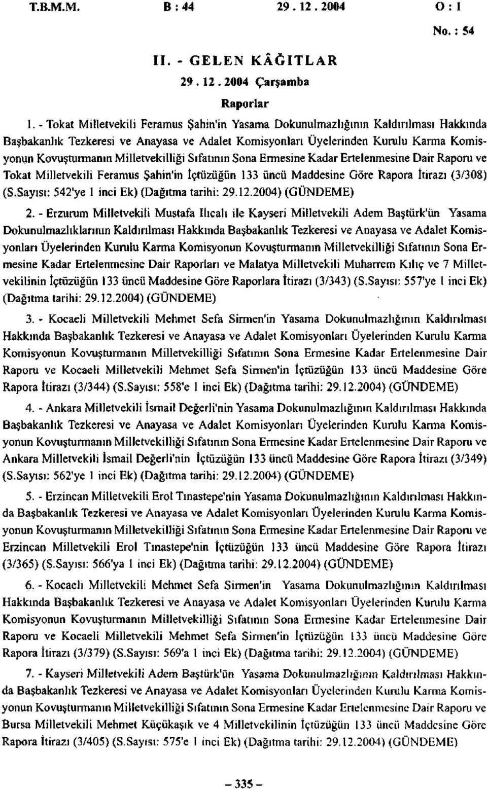 Milletvekilliği Sıfatının Sona Ermesine Kadar Ertelenmesine Dair Raporu ve Tokat Milletvekili Feramus Şahin'in İçtüzüğün 133 üncü Maddesine Göre Rapora İtirazı (3/308) (S.