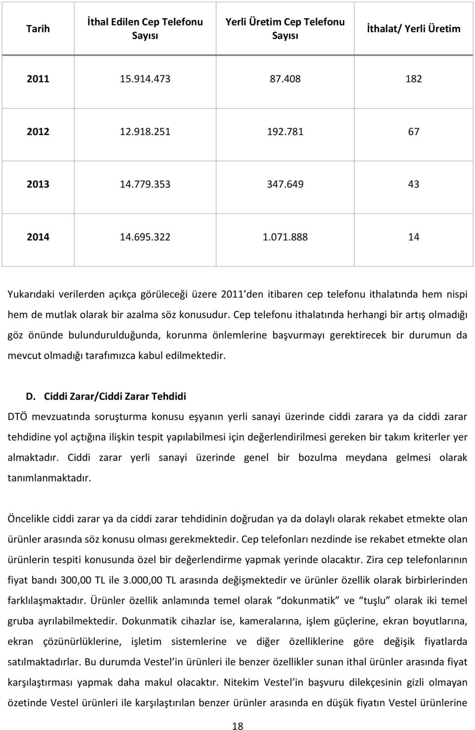 Cep telefonu ithalatında herhangi bir artış olmadığı göz önünde bulundurulduğunda, korunma önlemlerine başvurmayı gerektirecek bir durumun da mevcut olmadığı tarafımızca kabul edilmektedir. D.