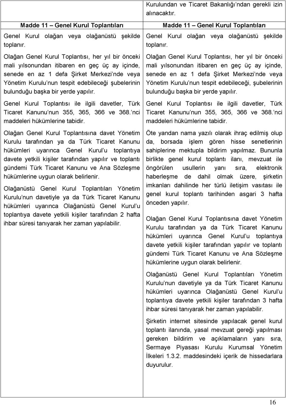 bulunduğu başka bir yerde yapılır. Genel Kurul Toplantısı ile ilgili davetler, Türk Ticaret Kanunu nun 355, 365, 366 ve 368. nci maddeleri hükümlerine tabidir.