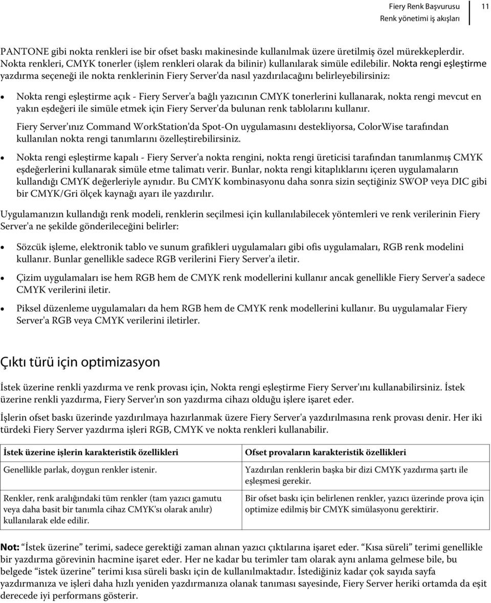 Nokta rengi eşleştirme yazdırma seçeneği ile nokta renklerinin Fiery Server'da nasıl yazdırılacağını belirleyebilirsiniz: Nokta rengi eşleştirme açık - Fiery Server'a bağlı yazıcının CMYK tonerlerini